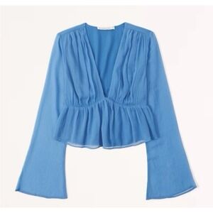 Abercrombie & Fitch M Babydoll Top Plunge Long Flare Sleeve Festival Crop Blue
